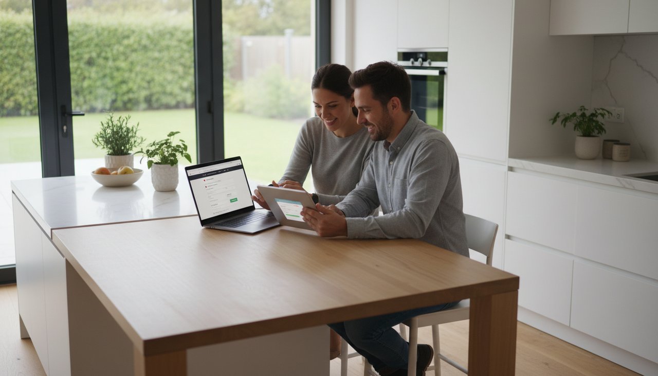 Couple souriant ouvrant ensemble un compte bancaire joint sur tablette tactile a la maison