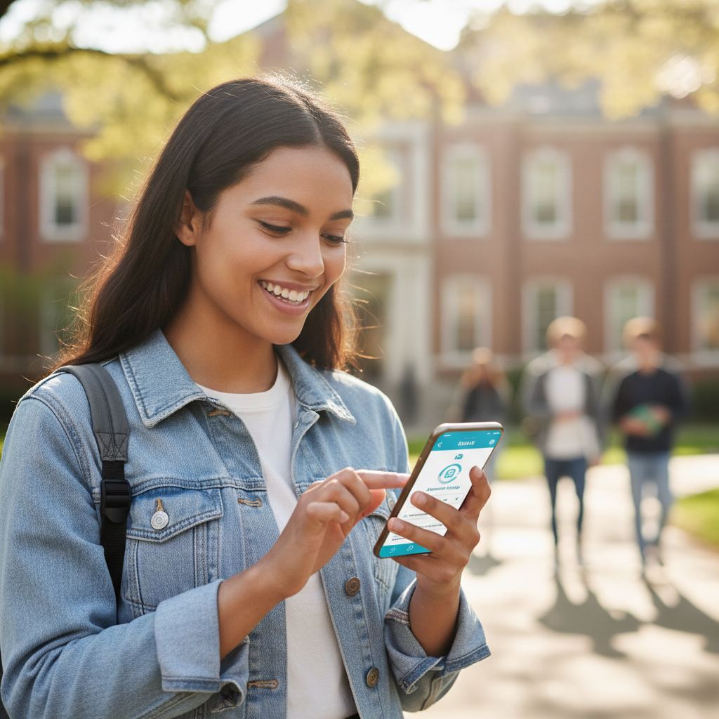 étudiante ouvrant un compte bancaire sur smartphone