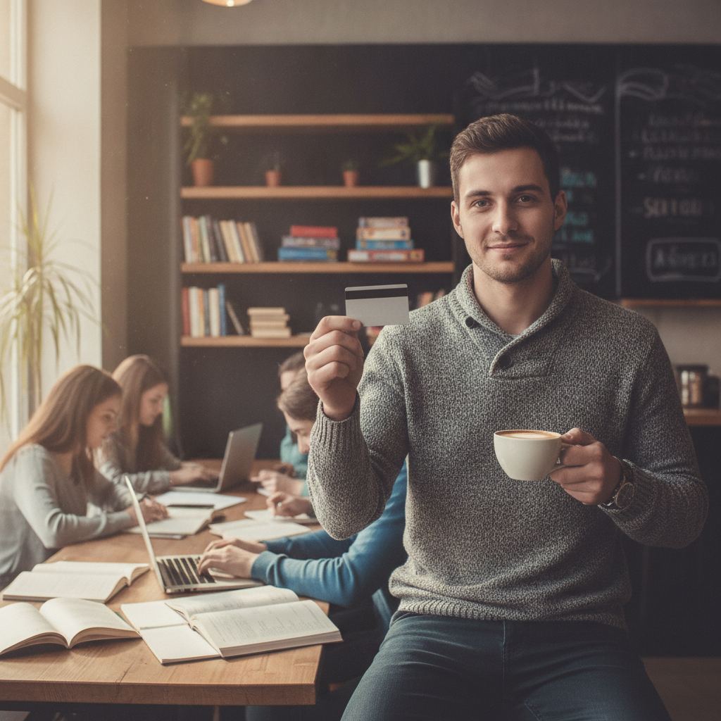 jeune étudiant avec sa nouvelle carte bancaire