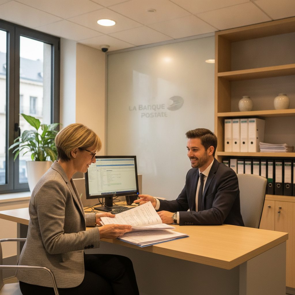 Conseiller La Banque Postale présentant les offres de compte professionnel à un entrepreneur