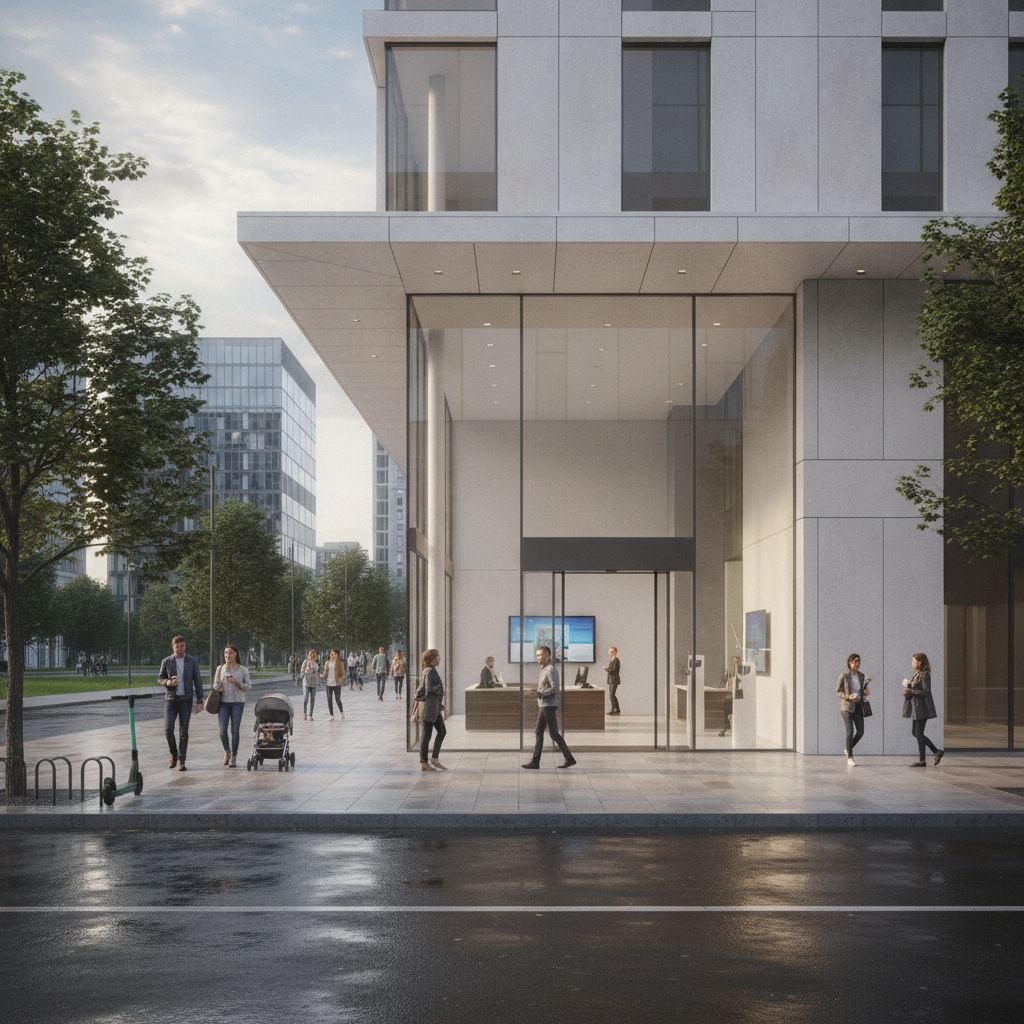 devanture moderne d'agence bancaire en ville