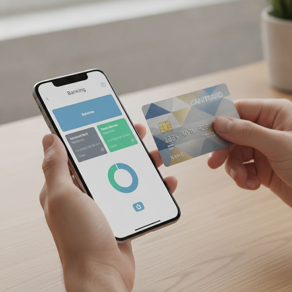 smartphone affichant une application bancaire et une carte bancaire