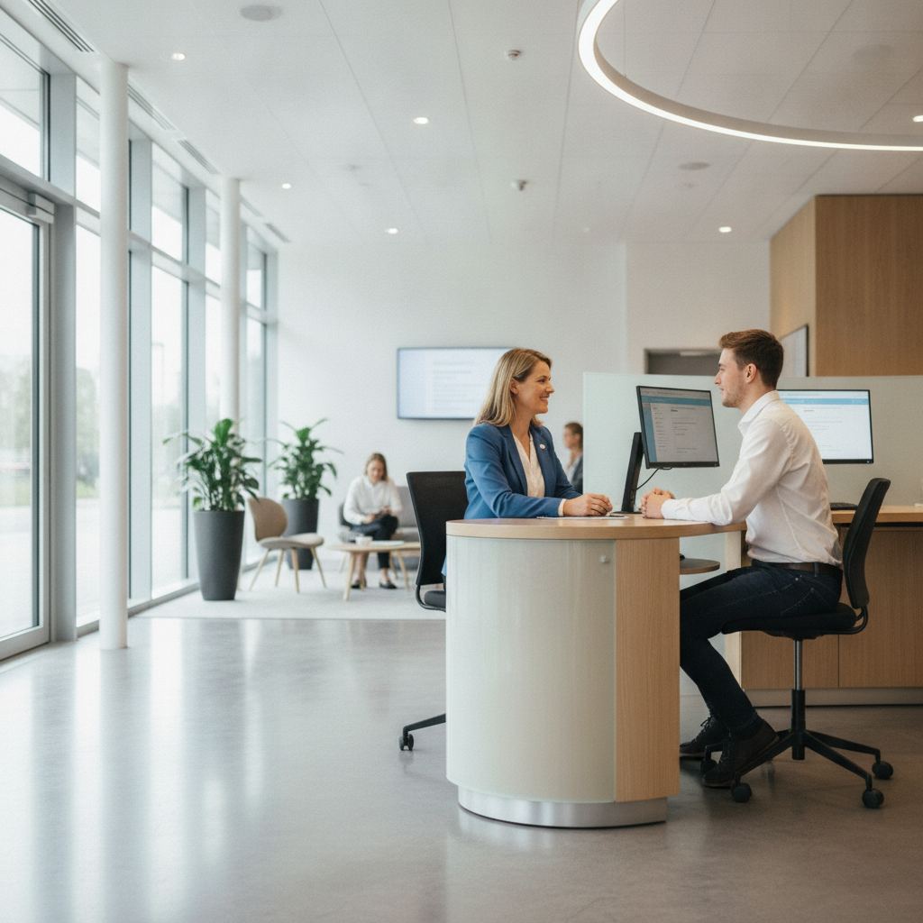 Conseiller bancaire aidant un client a ouvrir un compte en agence