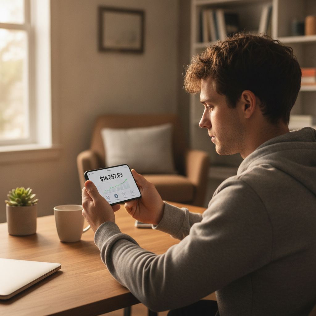 Jeune adulte verifiant un compte bancaire inactif sur smartphone