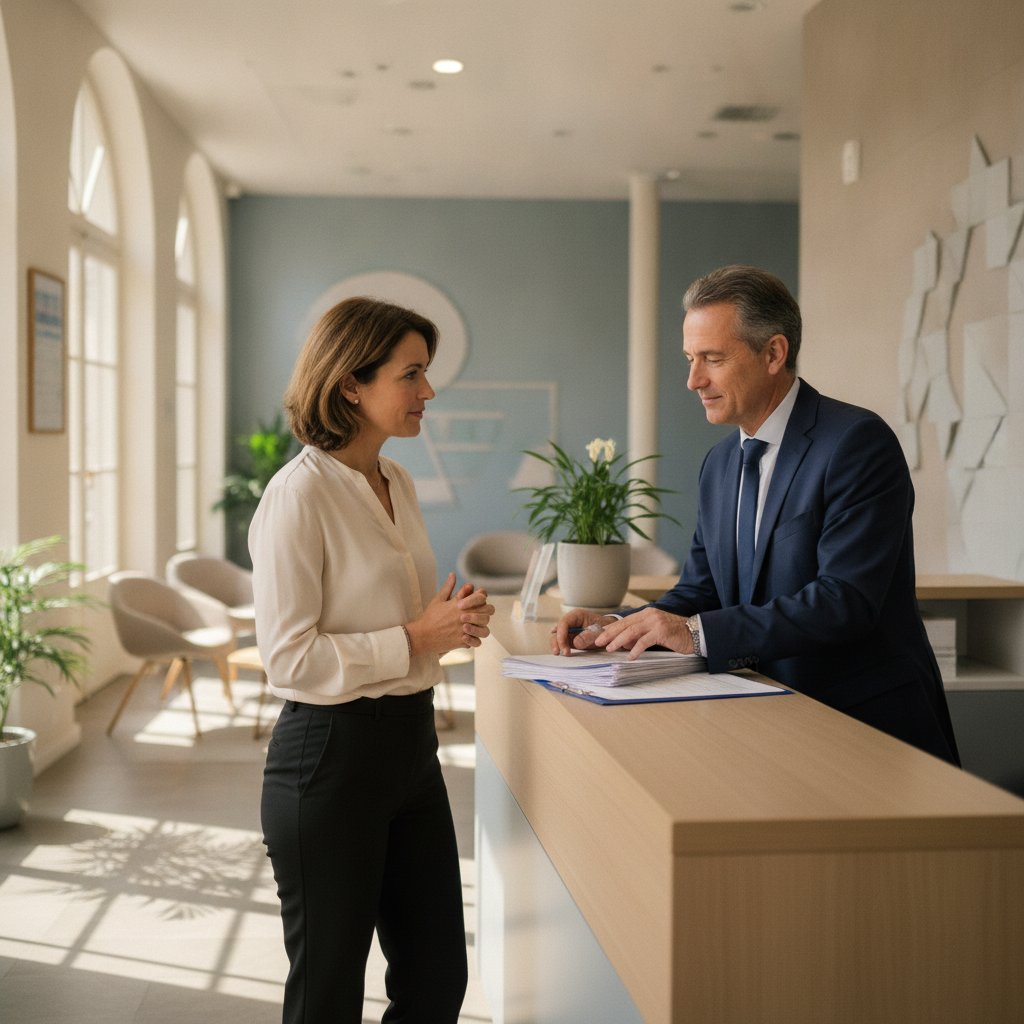 Conseiller bancaire expliquant la procedure de droit au compte a un client