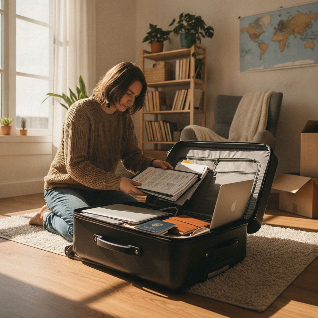 Jeune expatrie preparant ses documents bancaires avant un demenagement