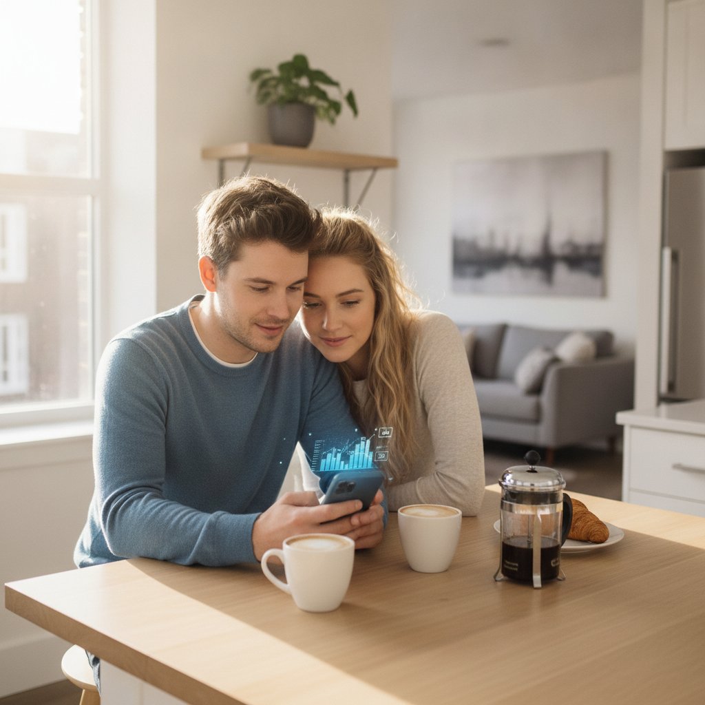Couple consultant l'application Hello bank sur smartphone