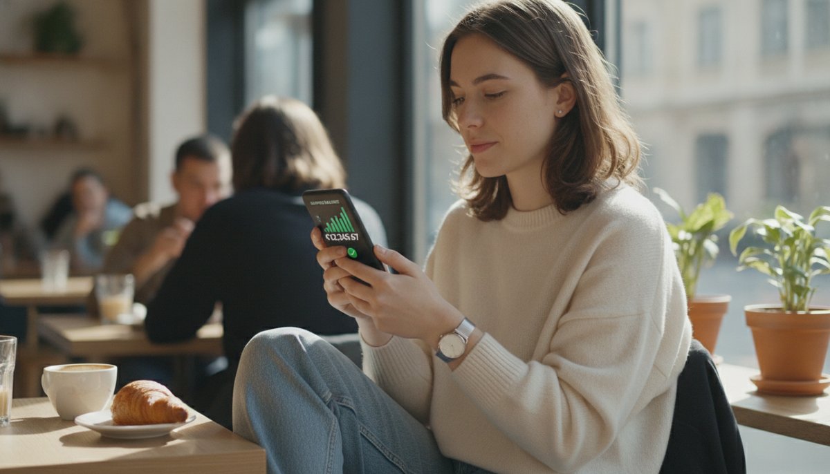 jeune adulte consultant son epargne sur un smartphone dans un cafe