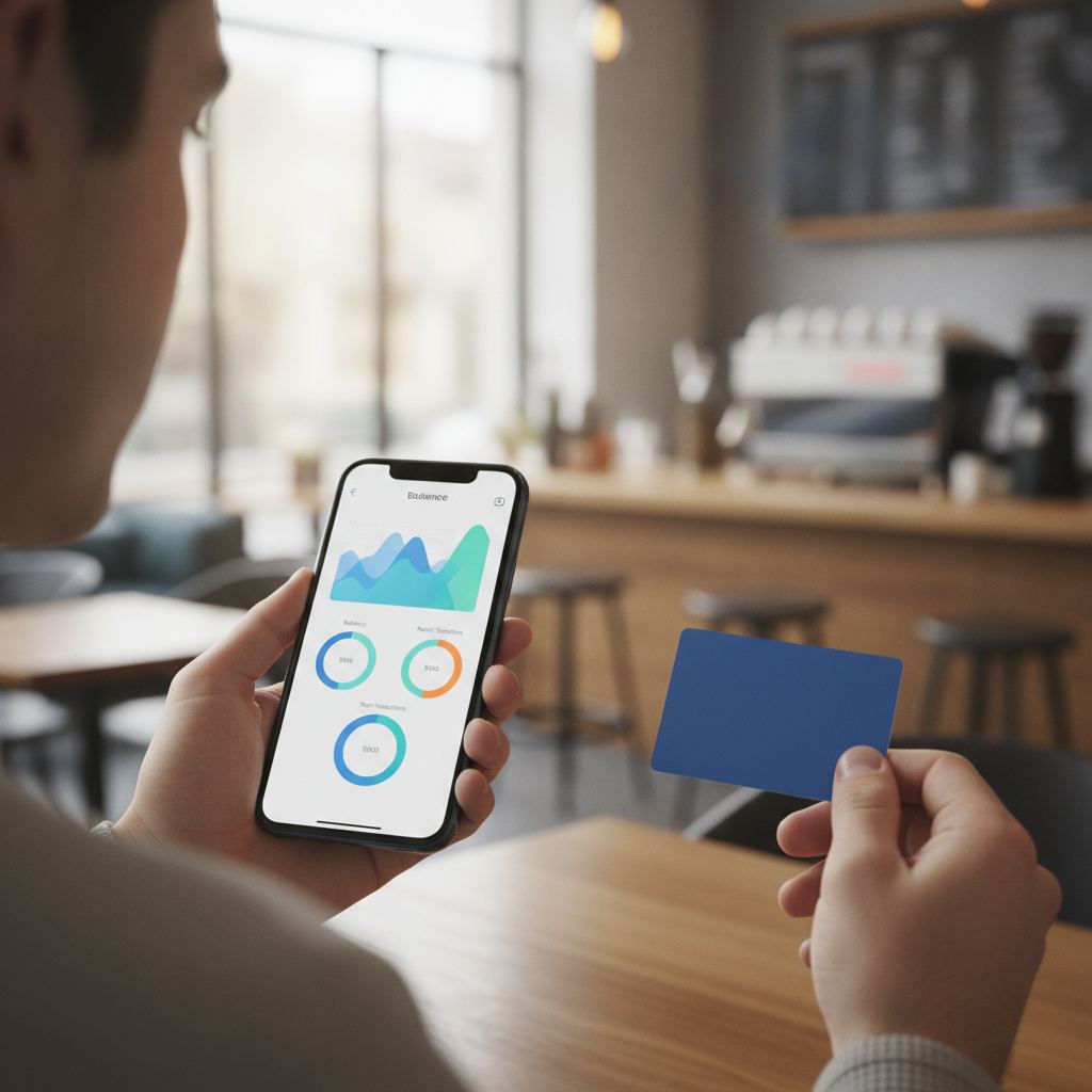 personne utilisant une application de néobanque sur smartphone avec une carte bancaire