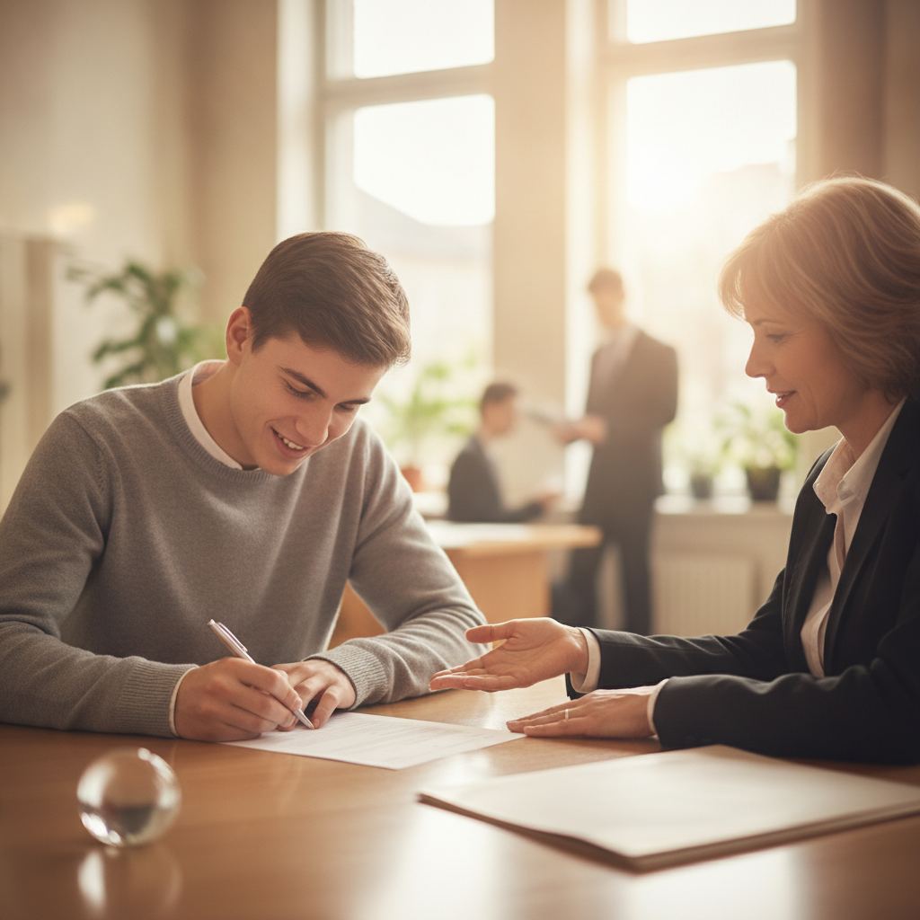 etudiant signant un dossier d ouverture de livret jeune en agence