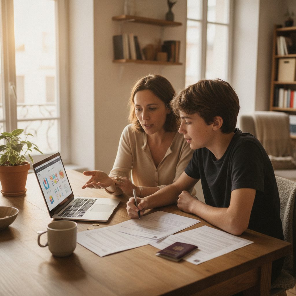 parent et adolescent ouvrant un compte bancaire pour mineur en ligne