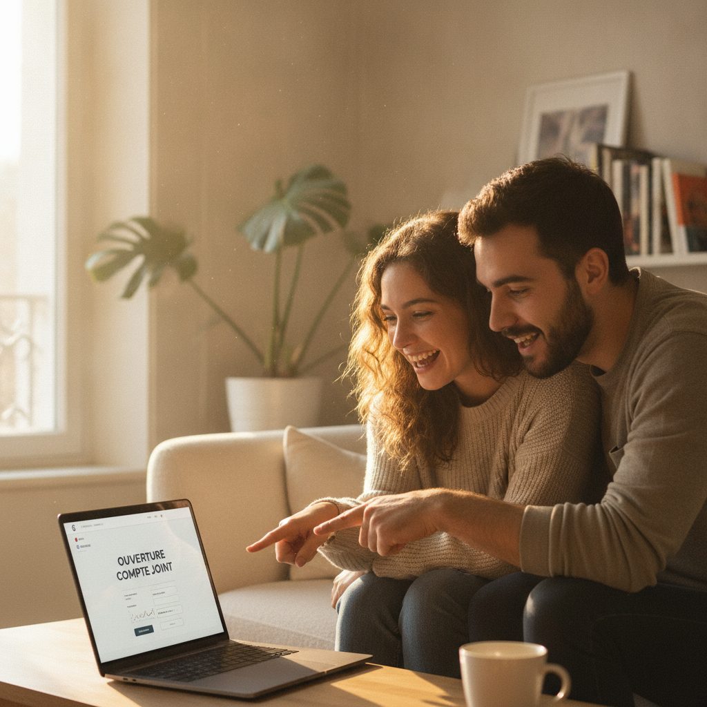 Couple ouvrant un compte joint en ligne depuis leur salon