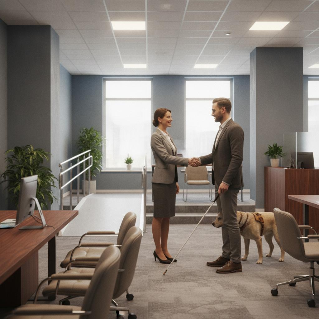 conseiller bancaire accueillant un client malvoyant dans une agence accessible
