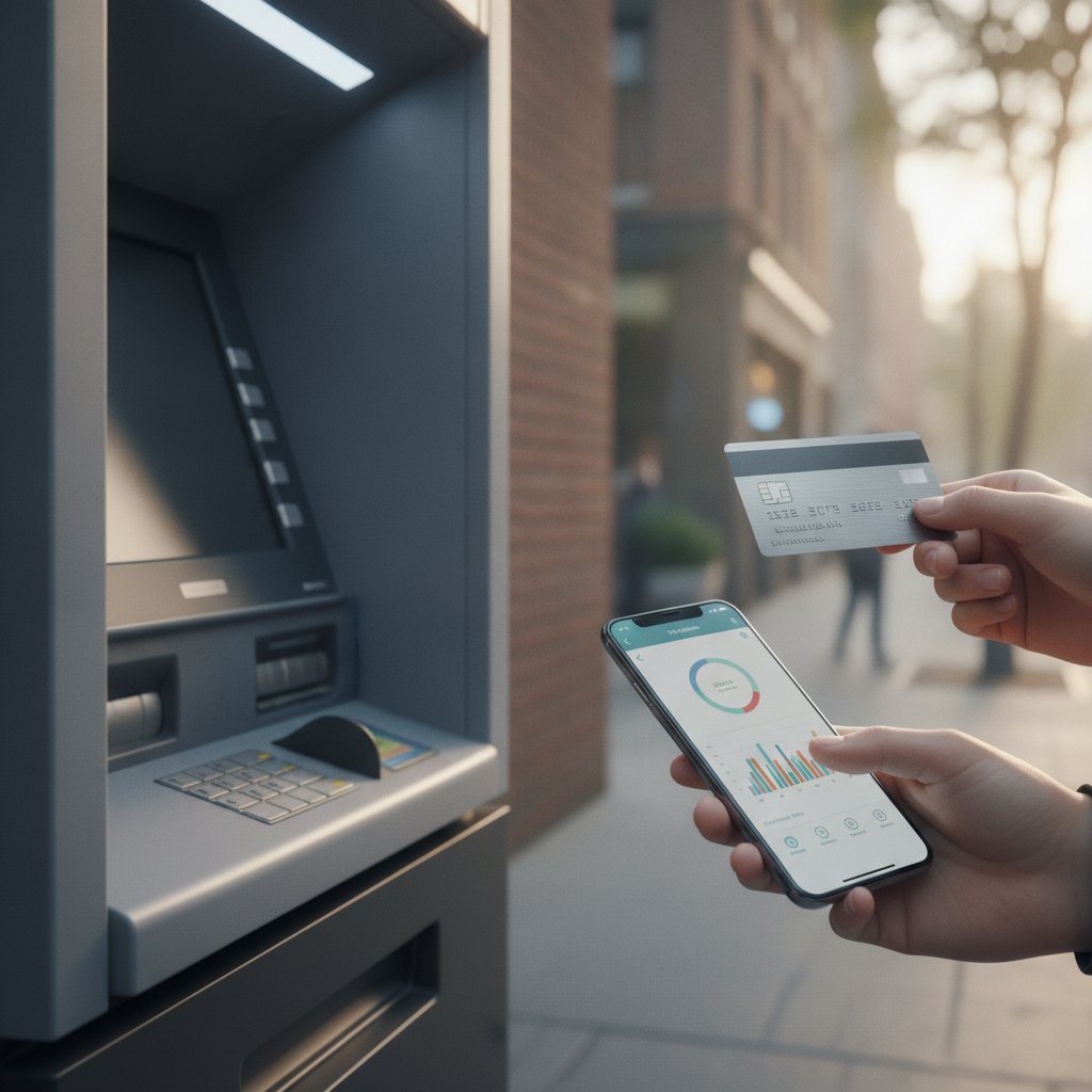 carte bancaire et application mobile devant un distributeur automatique accessible