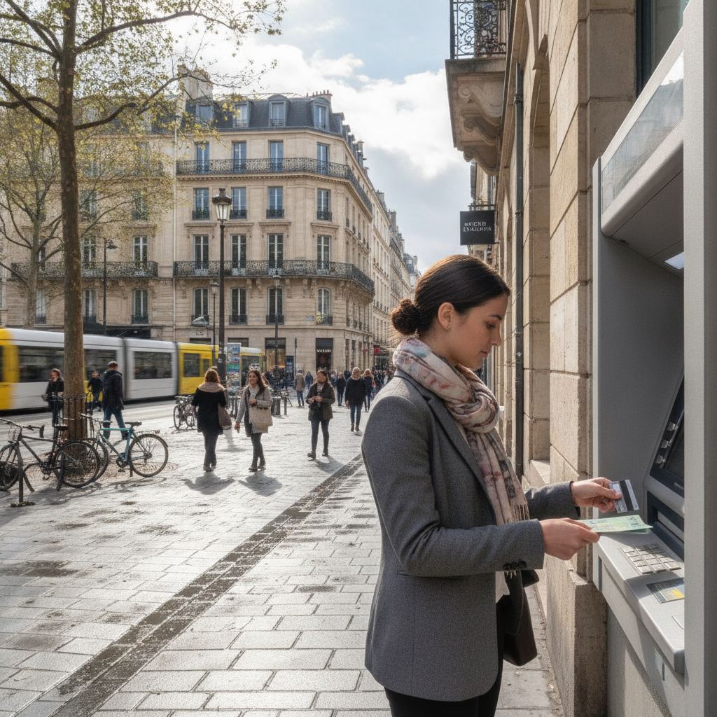 retrait d'espèces à un distributeur automatique avec une carte bancaire de paiement